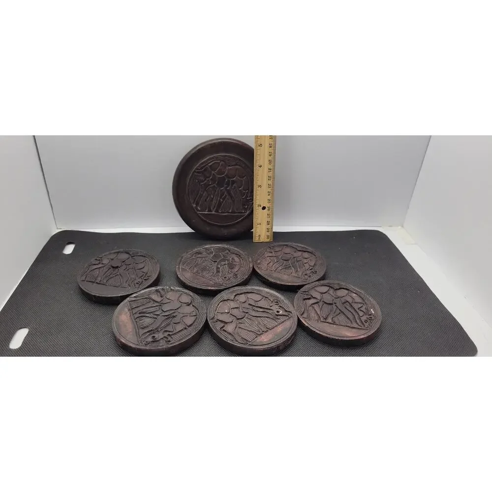 Set of 6 Hand Carved Wooden Drink Coasters Round Abstract Nature Design